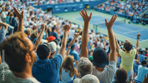 A group of people are cheering at a tennis match. The crowd is full of energy and excitement, with many people holding up their hands in the air. The atmosphere is lively and engaging