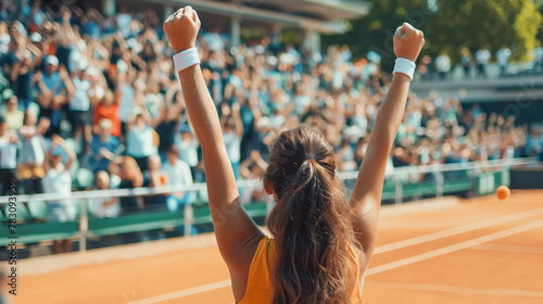 A woman celebrating on a tennis court. photo