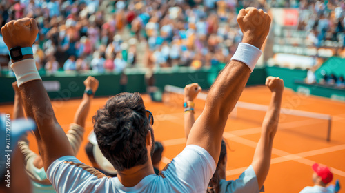 A group of people are cheering at a tennis match. The crowd is full of energy and excitement, with many people holding up their hands in the air. The atmosphere is lively and engaging