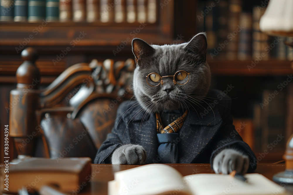 custom made wallpaper toronto digitalSolid cat with glasses, dressed in classic luxury elegant black suit, sitting at desk in luxury office or meeting room. Cat looks like a businessman, boss, company director, manager, lawyer, professor