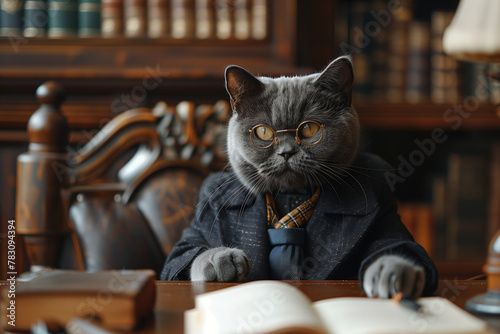 Solid cat with glasses, dressed in classic luxury elegant black suit, sitting at desk in luxury office or meeting room. Cat looks like a businessman, boss, company director, manager, lawyer, professor