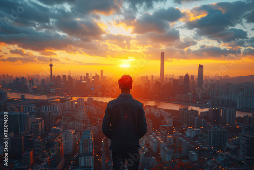 Rear view of young Chinese man standing on the rooftop of a skyscraper overlooking the modern city skyline at sunset, enjoing scenic view  photo