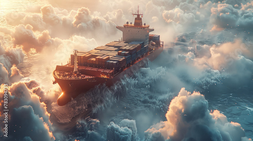 close shot of container ship is flying in air with clouds like sea waves " ai genarated "