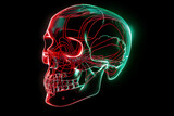 Sinister neon wireframe skull isolated on black background.