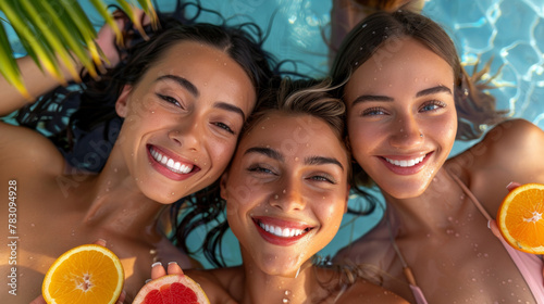 Three women are smiling while holding oranges and grapefruits, AI