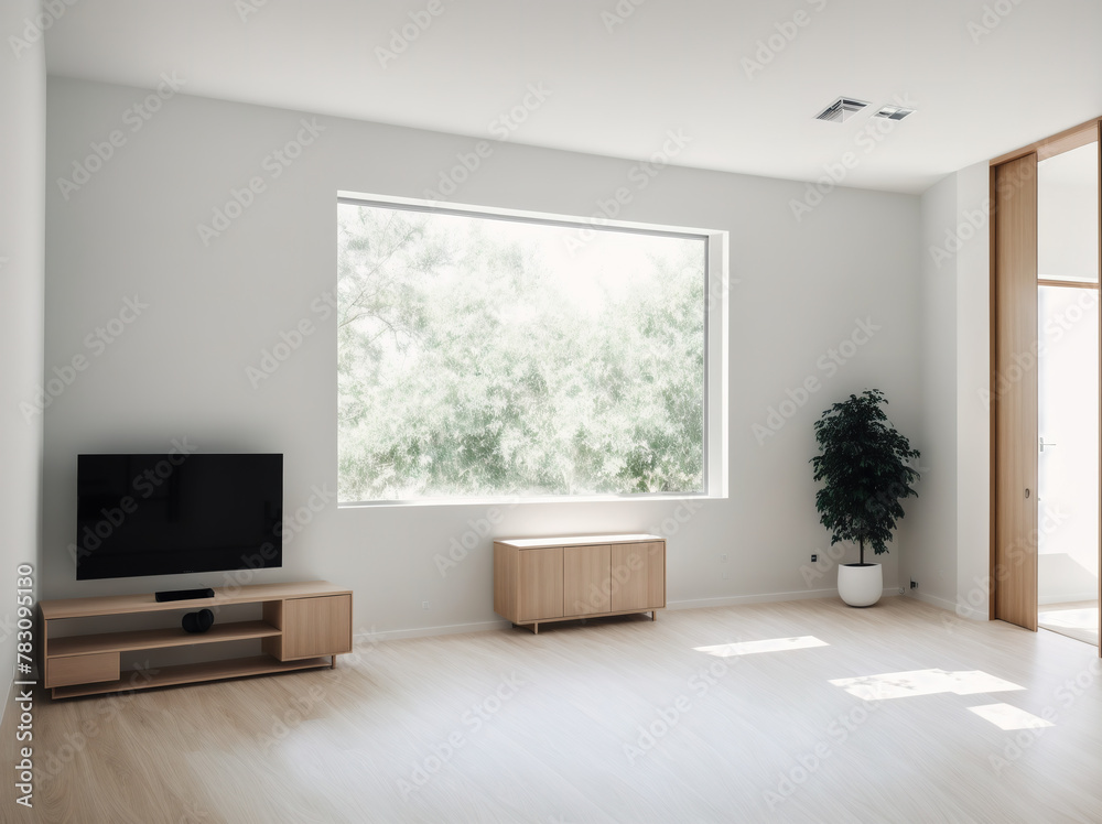 Fototapeta premium An empty room with white walls, wooden floors, and a large window that lets in natural light.