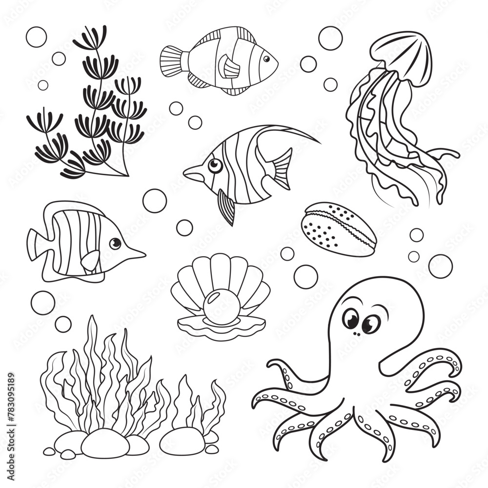 Marine set, fish, octopus, jellyfish and shells in simple linear style. Black and white graphics for books and posters Marine set, fish, octopus, jellyfish and shells in simple linear style. Black and white graphics for books and posters