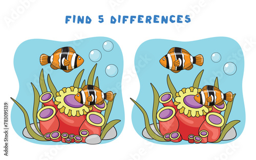 Mini games for children. preschoolers. Find 5 differences. Picture with fish and anemones.Logical tasks for preschoolers. Games 3-4 years.