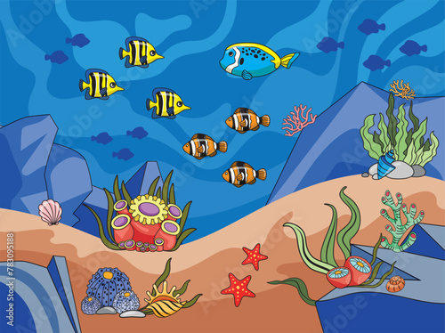 Underwater world scene, ocean floor marine life background. Undersea with corals and seaweed, sea bottom, seabed vector illustration