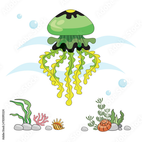 Jellyfish. Insulated yellow jellyfish on a white background, sea bottom. Color illustration in the style of cartoon. Seafloor with algae, shells and corals