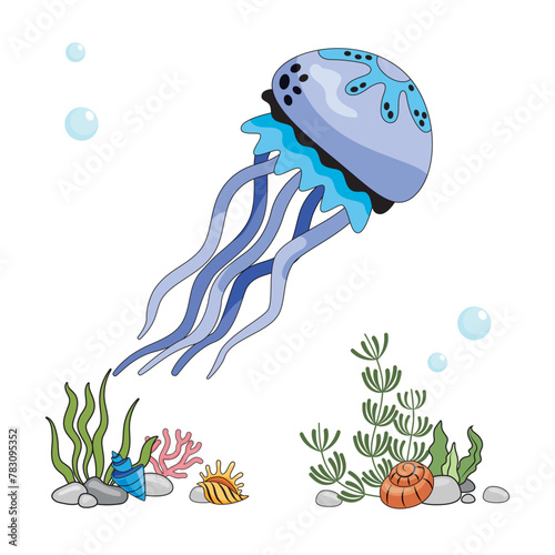 Jellyfish. Isolated blue jellyfish on a white background, sea bottom. Color illustration in the style of cartoon. Seafloor with algae, shells and corals