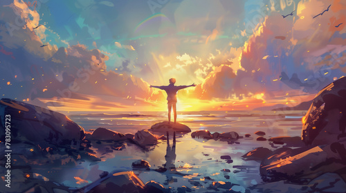 a rocky beach background at sunrise. A woman stands atop rocks facing the sea with arms raised as if enjoying nature's beauty and inspiration. The overall feel should be uplifting and positive. 