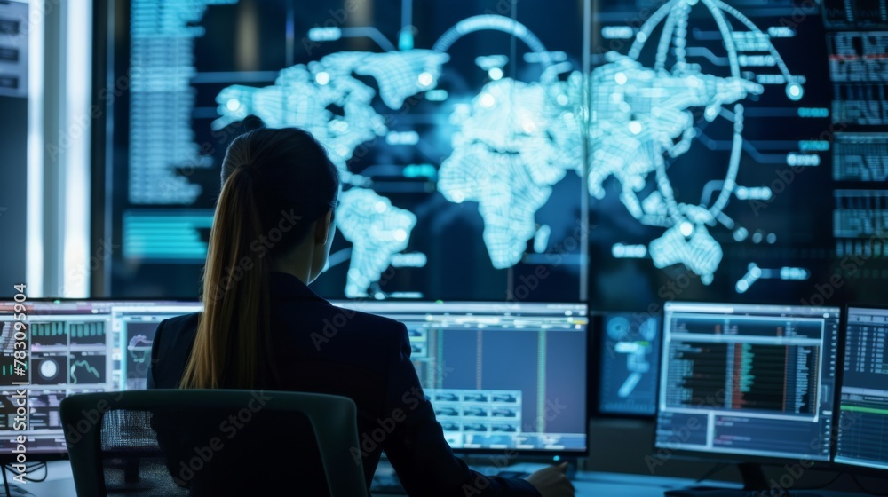 Woman Sitting at Desk With Multiple Computer Monitors Woman Sitting at Desk With Multiple Computer Monitors