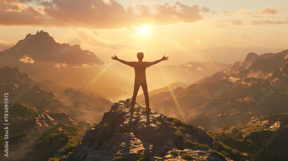 A man standing on top of the mountain with his arms outstretched, looking at the sunrise. He is smiling and feeling free from negative emotions. The scene captures him in a full body, winner, proud 