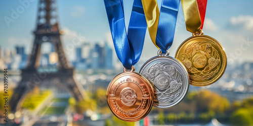 The Olympic Games in Paris France 2024. Three medals of the winners of the competition gold, silver and bronze on the background of the Eiffel Tower