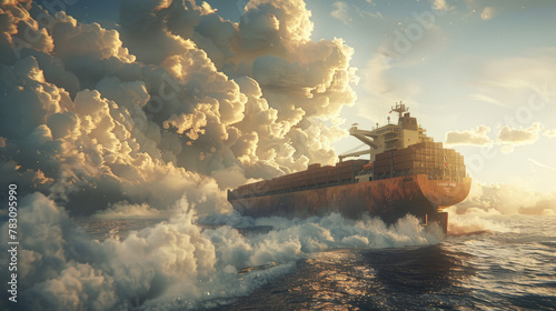 close shot of container ship is flying in air with clouds like sea waves " ai genarated "