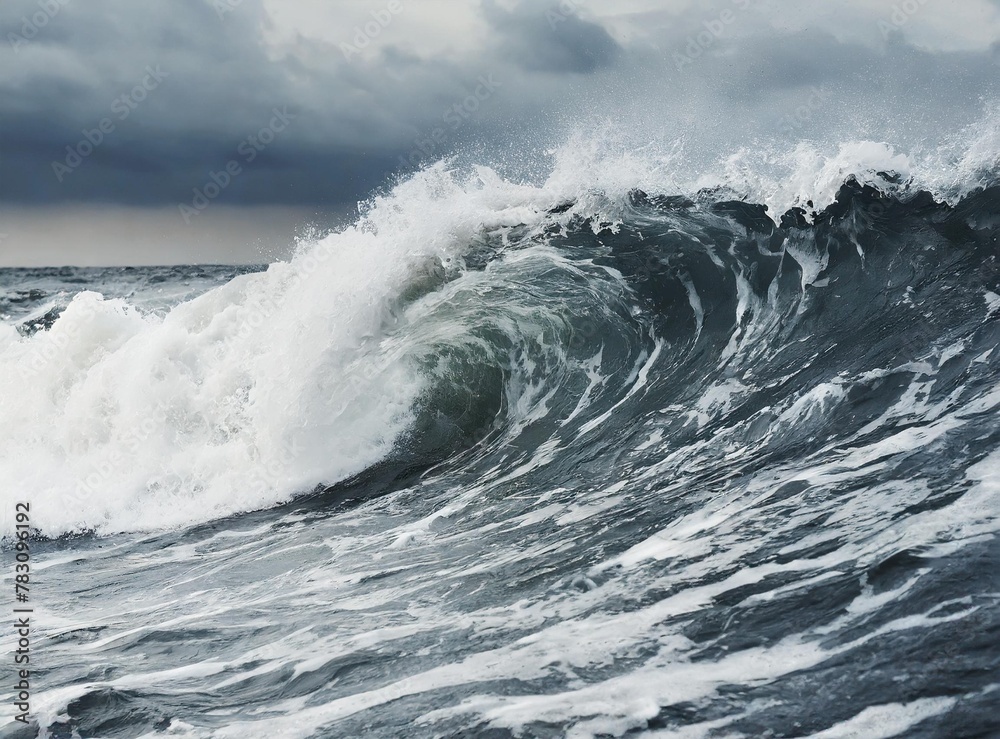 Sea wave and dark clouds on background, dramatic rain sky during storm in Atlantic Ocean.
