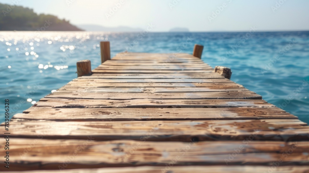 A wooden pier leading to a body of water with blue sky, AI