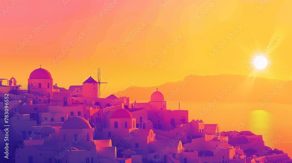 Golden sunlight bathes the iconic Santorini skyline creating a silhouette against a gradient sky infused with vibrant hues of orange and pink - obrazy, fototapety, plakaty 