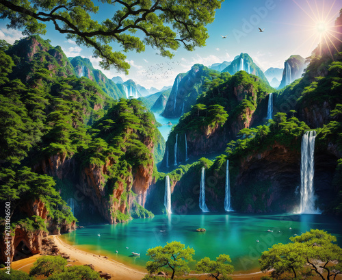 A serene landscape with a river flowing through a valley surrounded by lush green mountains.