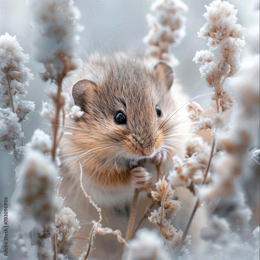 Fototapeta premium Discover this enchanting image of a cute mouse nestled among frosty flora