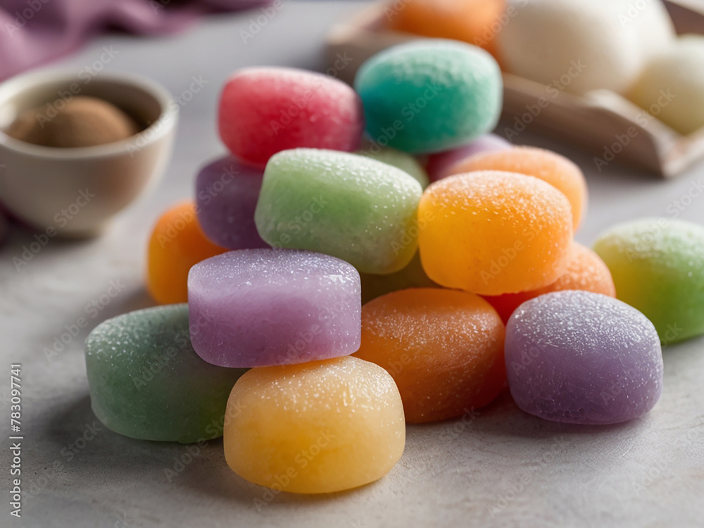 Japanese rice desert mochi closeup. Colouful mochi cakes. Japanese rice desert mochi closeup. Colouful mochi cakes.