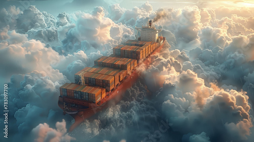 close shot of container ship is flying in air with clouds like sea waves " ai genarated "