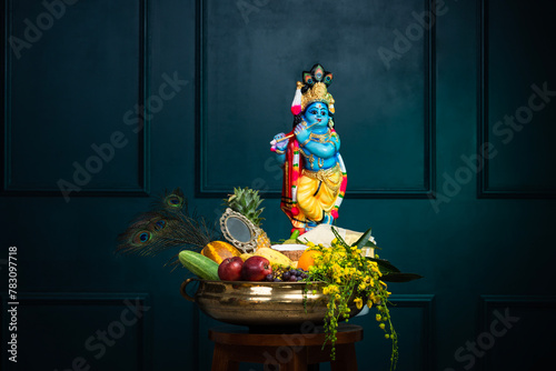 Vishu kani image, Lord krishna with kani arranged in brass uruli, happy Vishu 2024 background