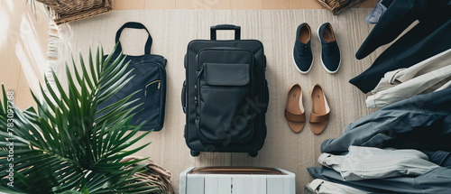 Traveling flat lay mockup with suitcases, luggages, accessorize for trips. Top view. Vacation, travel, adventure tourism leisure concept. Generative ai