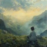 Meditation at dawn in a mountain landscape, serenity and introspection, nature's embrace
