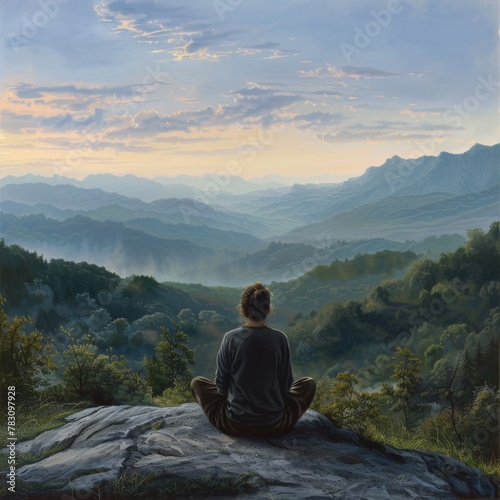 In a mountain landscape at dawn, find serenity and introspection, embraced by the tranquility of nature.