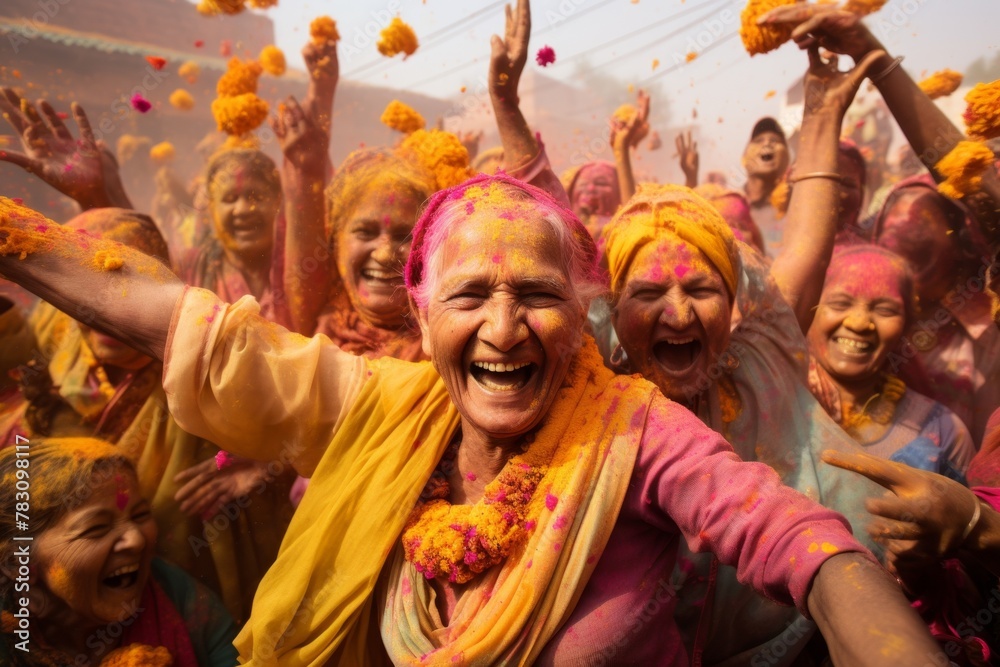 Group of people joyfully celebrating Holi festival with vibrant colors and flowers, exuberant laughter

celebration, tradition, festival, joy, community