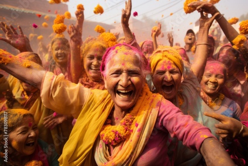 Group of people joyfully celebrating Holi festival with vibrant colors and flowers, exuberant laughtercelebration, tradition, festival, joy, community