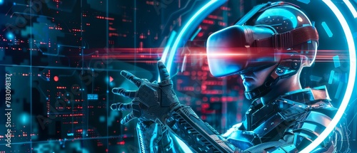Cybersecurity warrior in virtual reality, protecting against digital attacks, futuristic armor, dynamic pose