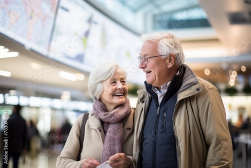 Senior couple smiling at each other, holding tickets in an airport terminal, anticipating their trip travel, couple, senior, airport, journey