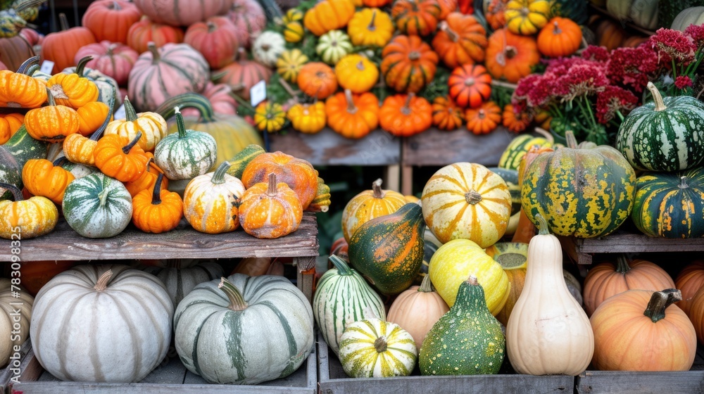 Colorful Autumn Pumpkin Assortment at Outdoor Market