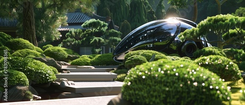 Hyperadvanced AI robot in a serene Zen garden  merging technology with nature  symbolizing balance
