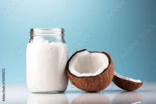 Jar of coconut milk next to fresh coconuts on a white surface with a pale blue background
nutrition, health, organic, natural, tropical