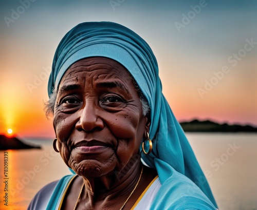 N older woman in a blue headscarf looking out at the sunset.