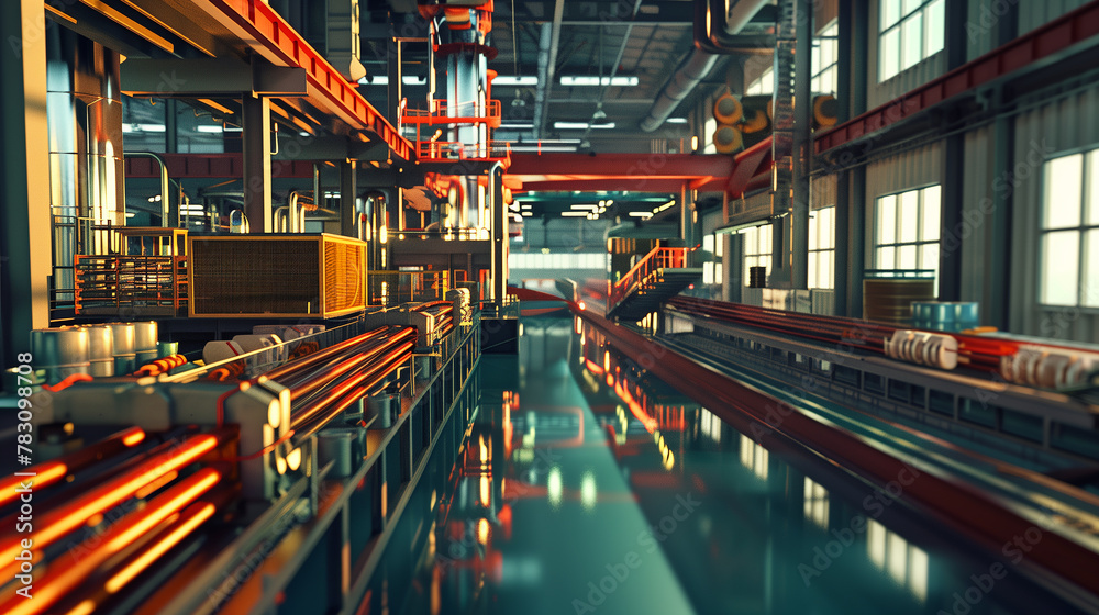 A factory with a lot of machinery and pipes. Scene is industrial and mechanical