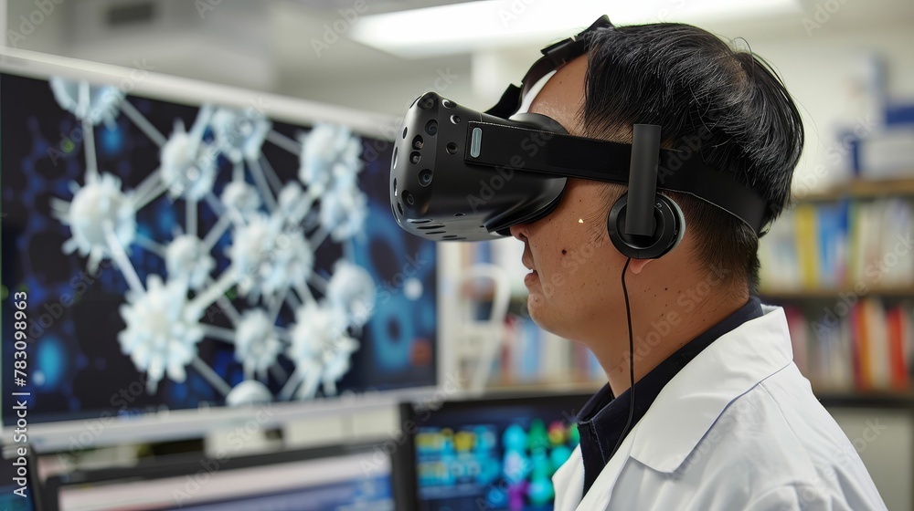 Virtual reality in biotech, scientist exploring 3D molecular structures, innovation leap ar 72