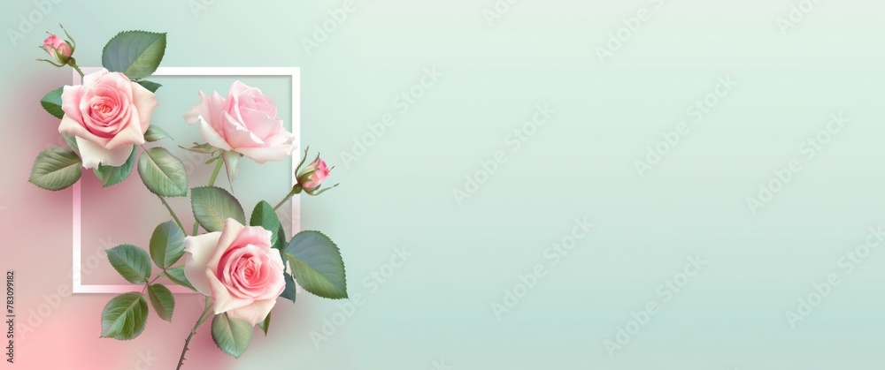 happy Mother day card template, roses flower in white frame on pastel background copy space for text