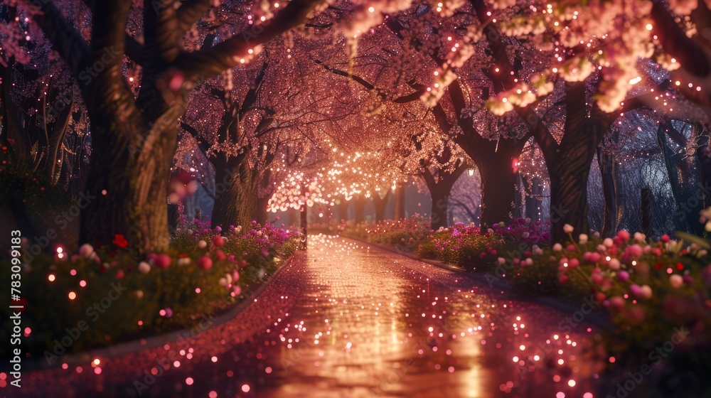 Pathway Lined with Japanese Cherry Blossoms