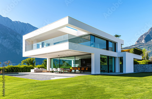 Beautiful modern house with a large lawn and view of the mountains and blue sky, minimalism, large windows overlooking nature, green grass, swimming pool © Kien