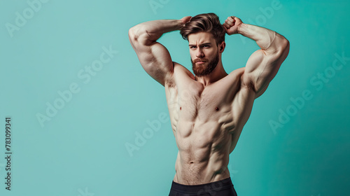 Handsome Muscular Man Flexing Muscles on pastel blue background