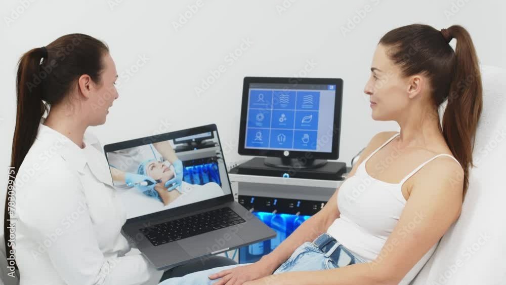 A middle-aged woman consults a cosmetologist. The cosmetologist shows the client a video of the hydrolifting procedure. Concept of anti-aging, cosmetology, beauty, facial care A middle-aged woman consults a cosmetologist. The cosmetologist shows the client a video of the hydrolifting procedure. Concept of anti-aging, cosmetology, beauty, facial care