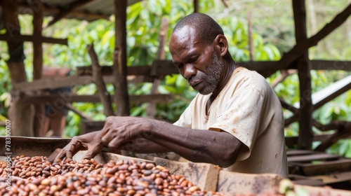 African Farmer Sorting Cocoa Beans at a Plantation
