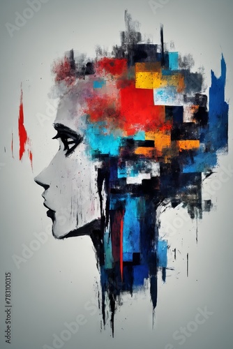 Abstract art for archwiz or design element, head of woman with colorful thoughts