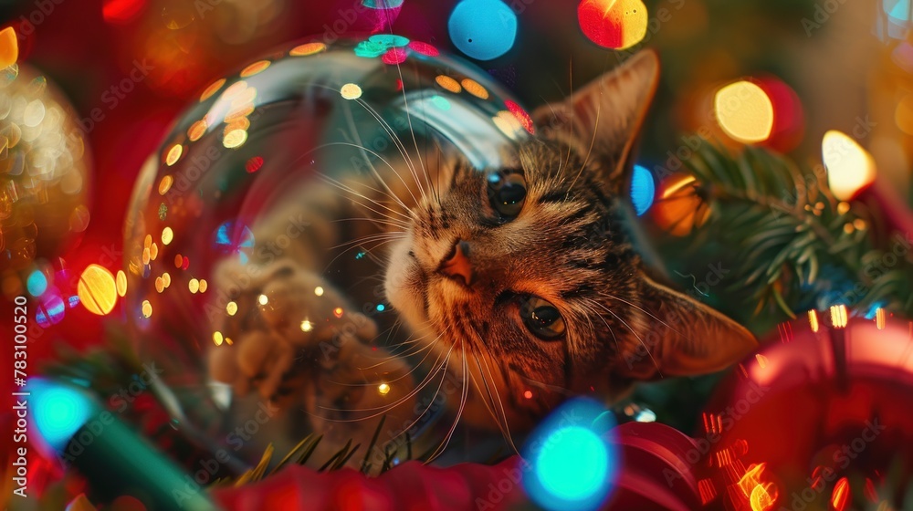 Cat in Christmas toys and garlands AI generated