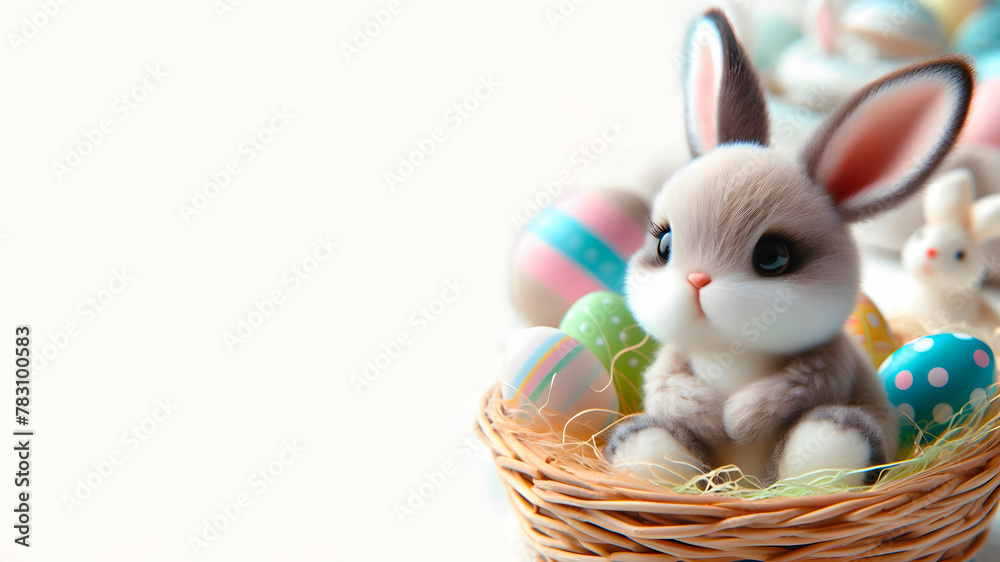 Cute bunny sitting in a basket with Easter eggs Cute bunny sitting in a basket with Easter eggs